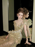 Classy Mermaid Scoop Sequin Gold Long Prom Dresses Party Dress Birthday Outfits Graduation Dresses HZ1214