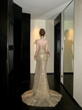 Classy Mermaid Scoop Sequin Gold Long Prom Dresses Party Dress Birthday Outfits Graduation Dresses HZ1214