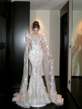 Pretty Wedding Dress Mermaid Scoop Neck Lace Sequin White Long Luxury Wedding Dresses Bridal Gowns Brides Gown HZ1214