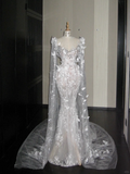 Pretty Wedding Dress Mermaid Scoop Neck Lace Sequin White Long Luxury Wedding Dresses Bridal Gowns Brides Gown HZ1214