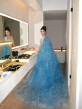 Classy Ball Gown Strapless Blue Layers Tulle Long Prom Dresses Party Dress Birthday Outfits Graduation Dresses HZ1214