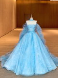 Classy Ball Gown Strapless Blue Layers Tulle Long Prom Dresses Party Dress Birthday Outfits Graduation Dresses HZ1214