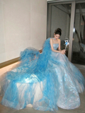 Classy Ball Gown Strapless Blue Layers Tulle Long Prom Dresses Party Dress Birthday Outfits Graduation Dresses HZ1214