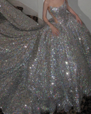 Pretty Wedding Dress Ball Gown Strapless Silver Sequin Long Luxury Wedding Dresses Bridal Gowns Brides Gown HZ1214
