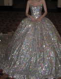 Pretty Wedding Dress Ball Gown Strapless Silver Sequin Long Luxury Wedding Dresses Bridal Gowns Brides Gown HZ1214