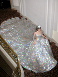 Pretty Wedding Dress Ball Gown Strapless Silver Sequin Long Luxury Wedding Dresses Bridal Gowns Brides Gown HZ1214