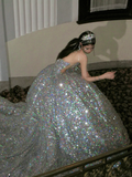 Pretty Wedding Dress Ball Gown Strapless Silver Sequin Long Luxury Wedding Dresses Bridal Gowns Brides Gown HZ1214