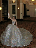 Pretty Wedding Dress Ball Gown Strapless Silver Sequin Long Luxury Wedding Dresses Bridal Gowns Brides Gown HZ1214