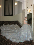 Pretty Wedding Dress Ball Gown Strapless Silver Sequin Long Luxury Wedding Dresses Bridal Gowns Brides Gown HZ1214
