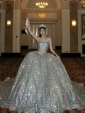 Pretty Wedding Dress Ball Gown Strapless Silver Sequin Long Luxury Wedding Dresses Bridal Gowns Brides Gown HZ1214