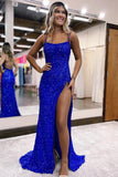 Niulatu Royal Blue Spaghetti Straps Sequins Mermaid Long Prom Dress with HZ1007