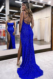 Niulatu Royal Blue Spaghetti Straps Sequins Mermaid Long Prom Dress with HZ1007