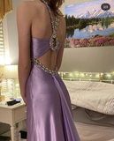 Niulatu purple satin beaded long prom evening dresses HZ1007