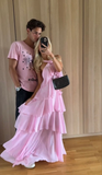 Niulatu Women's Pink A-line Tiered Prom Dress Pink Backless Evening Dress HZ1007