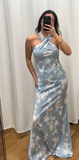Niulatu Halter Navy Blue Satin Print Long Prom Dress Evening Dress HZ1007