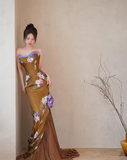 Niulatu Satin Print Mermaid Evening Dress Strapless Long Prom Dress HZ1007