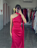 Niulatu One Shoulder Hot Pink Satin Sheath Prom Dress Long Evening Dress HZ1007