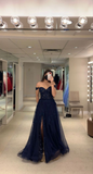 Niulatu The Shoulder Navy Evening Dress With Split Navy Blue Graduation Dress HZ1007