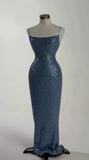 Niulatu Blue Sequins Beaded Sheath Long Prom Dress Formal Evening Dress HZ1007
