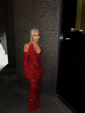 Niulatu Girl Sexy Halter Sequin Red Prom Dress Long Mermaid Evening Dress HZ1007