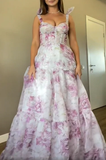 Niulatu Chiffon Rose Print A Line Prom Dress Evening Dress HZ1007
