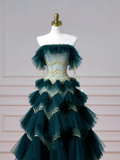 Niulatu Dark Green Tulle Sequins Layered A Line Prom Dress Strapless Evening Dress HZ1007