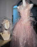 Niulatu Pink Tulle Beaded Prom Dress Long Backless Evening Dress HZ1007