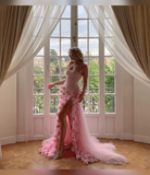 Niulatu Pink Strapless High Slit Flower Prom Dress HZ0113