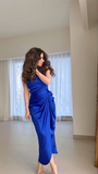 Niulatu Formal Evening Dress Women Tea Length Prom Party Gown Blue Pleated Wedding Party Gowns HZ1007