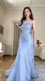 Niulatu Blue Tulle Appliques Mermaid Evening Dress Long Prom Dress HZ1007