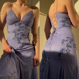Niulatu Spaghetti Straps Blue Chiffon Long Prom Dress Party Evening Dress HZ1007
