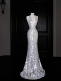 Niulatu V Neck Silver Sequins Backless Mermaid Prom Dress Evening Dress HZ1007