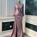 Niulatu Purple Prom Dress Long Sleeve Illusion V-neck Mermaid Evening Dress Floor Length HZ1007