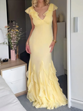 Niulatu Yellow Chiffon Mermaid Ruffle Evening Dress Long Evening Gown HZ1007