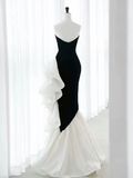 Niulatu Velvet Black Long Prom Dress Mermaid Pleated Evening Dress HZ1007