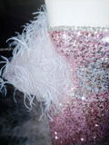 Niulatu Pink Strapless Sequins Feathers Mermaid Evening Dress Slit Prom Dress HZ1007