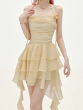 Niulatu A Line Halter Layered Yellow Chiffon Open Back Short Homecoming Dress Cocktail Dress HZ0113