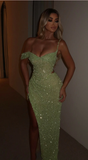 Niulatu Sage Green Sequins Off-The-Shoulder Split Prom Dress Formal Evening Gown HZ1007