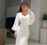 Niulatu White V Neck Ruched Mermaid Evening Dress Long Prom Dress HZ1007