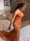 Niulatu Orange Beaded Applique Mermaid Evening Dress Long Prom Dress HZ0113