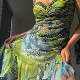 Niulatu Spaghetti Straps Beaded Sequin Ruffles Chiffon Evening Dress Outfits HZ0113