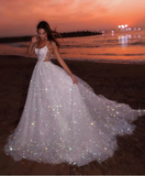 Niulatu White Sequin Tulle Prom Evening Dress, A-line Sleeveless Beach Long Wedding Gown HZ1007