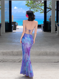 Niulatu Piece Mermaid Halter Purple Print Floral Chiffon Long Prom Dress Outfits HZ0113