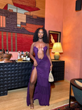 Niulatu Purple Ruffles Slit Prom Evening Dress HZ1007