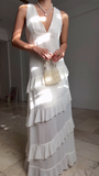 Niulatu White V Neck Chiffon Ruffle Prom Dress Backless Long Evening Dress HZ1007