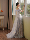 Niulatu Off Shoulder Sequin Tulle Long Prom Dress Purple Formal Evening Dresses HZ1007