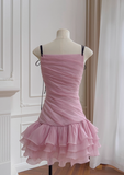Niulatu Pink A Line Spaghetti Strap Layered Chiffon Homecoming Dress HZ0113