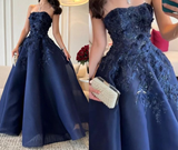 Niulatu Navy Blue Strapless Appliques A Line Prom Dress Evening Dress HZ1007