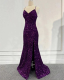 Niulatu Purple Prom Dress Sequin Mermaid Formal Evening Dress Split HZ1007