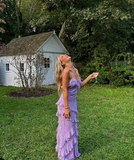 Niulatu Spaghetti Straps Lavender Chiffon Print Floral Evening Dress Ruffles Long Prom Dress HZ1007